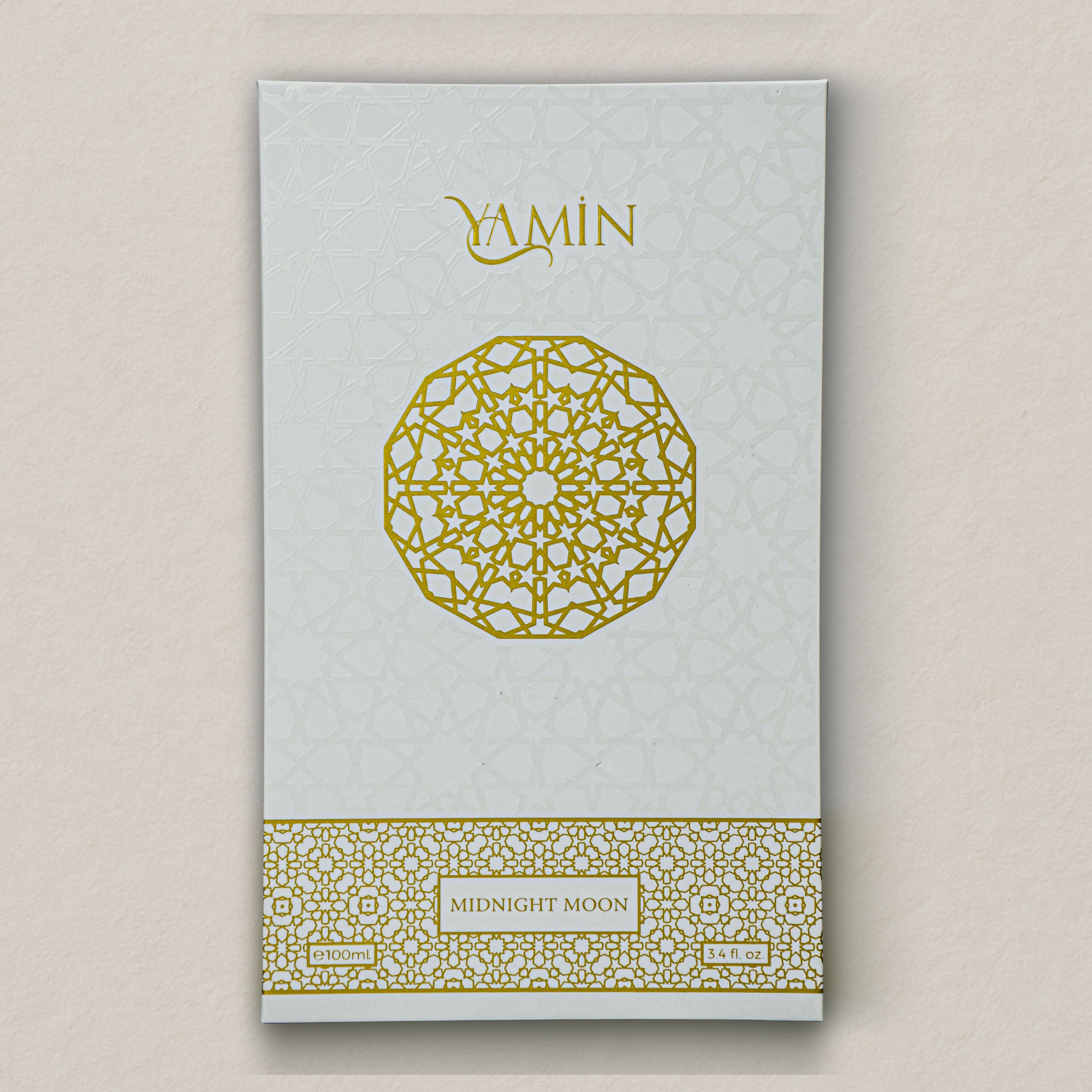 Midnight Moon product packaging with 'Yamin' branding and geometric design on a light background