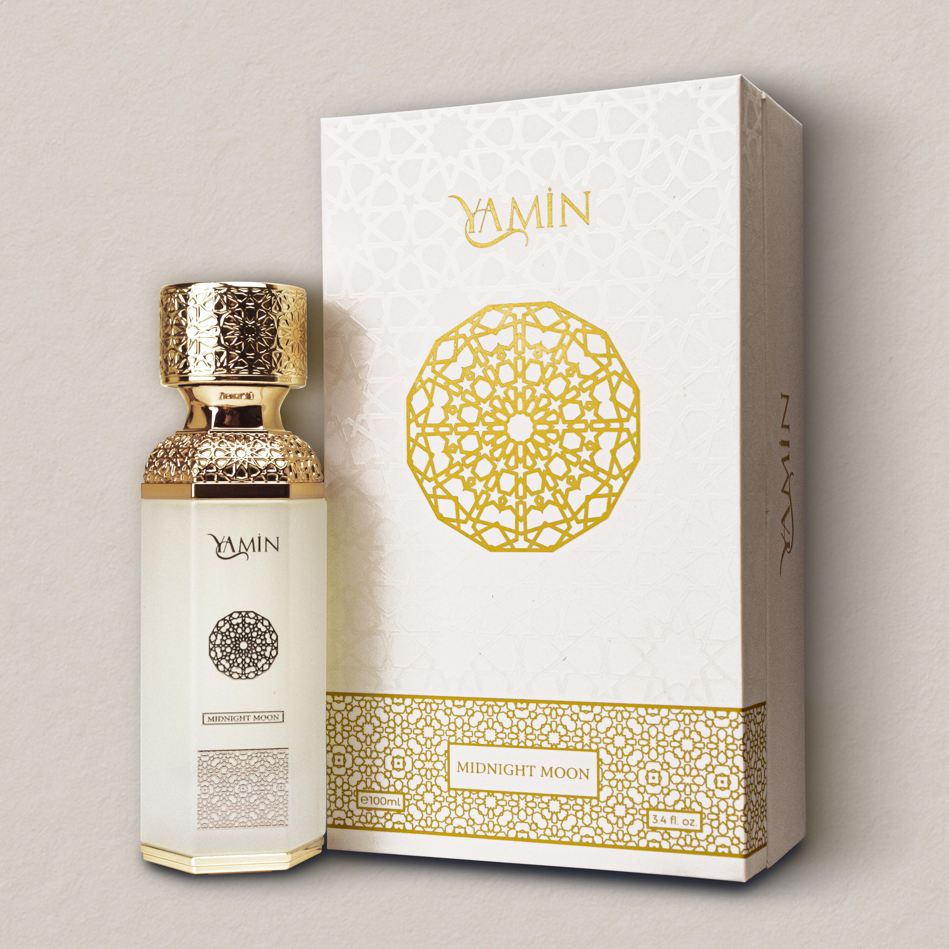Yamin Midnight Moon perfume bottle and packaging on a beige background