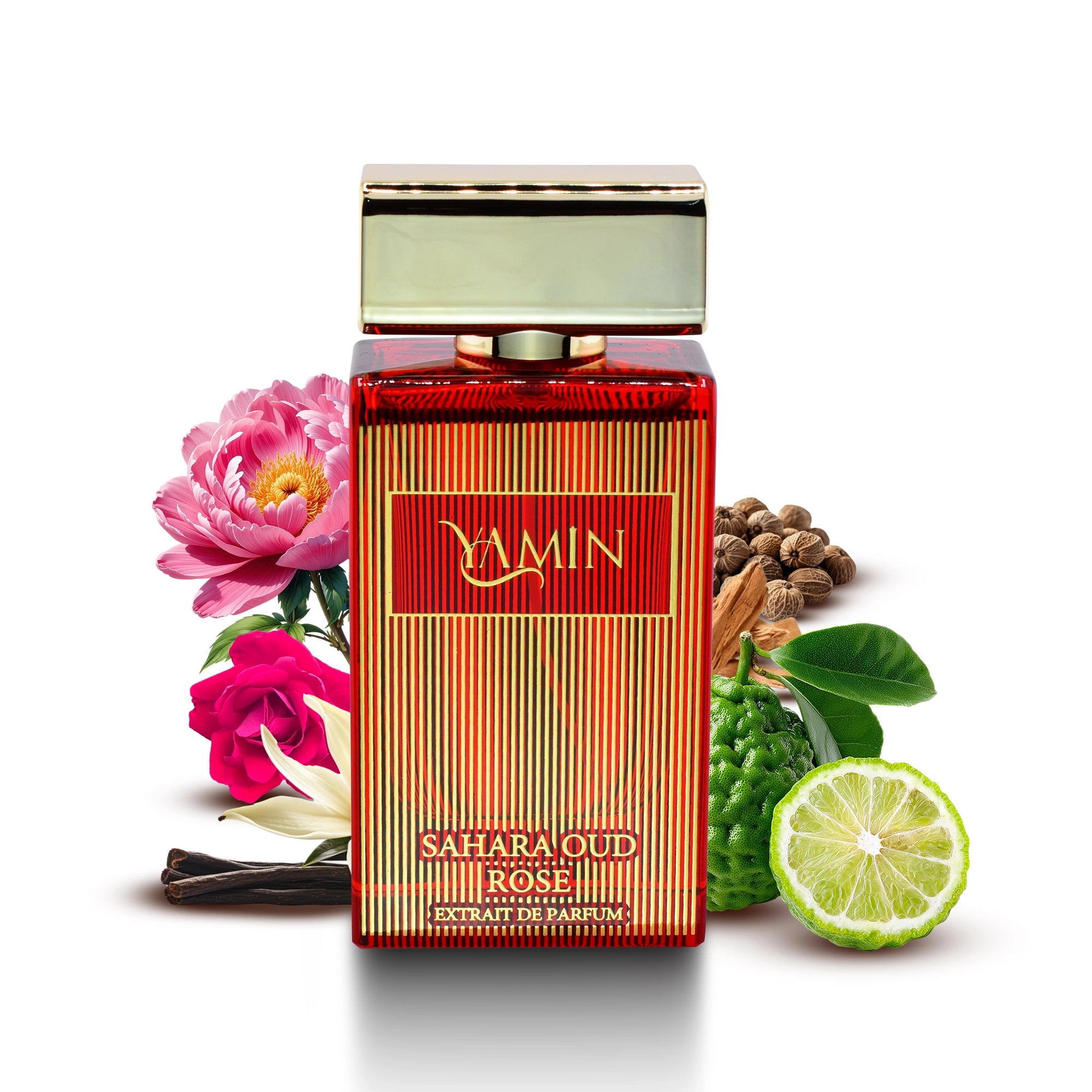 YAMIN Sahara Oud Rose perfume bottle with fragrance notes on a white background