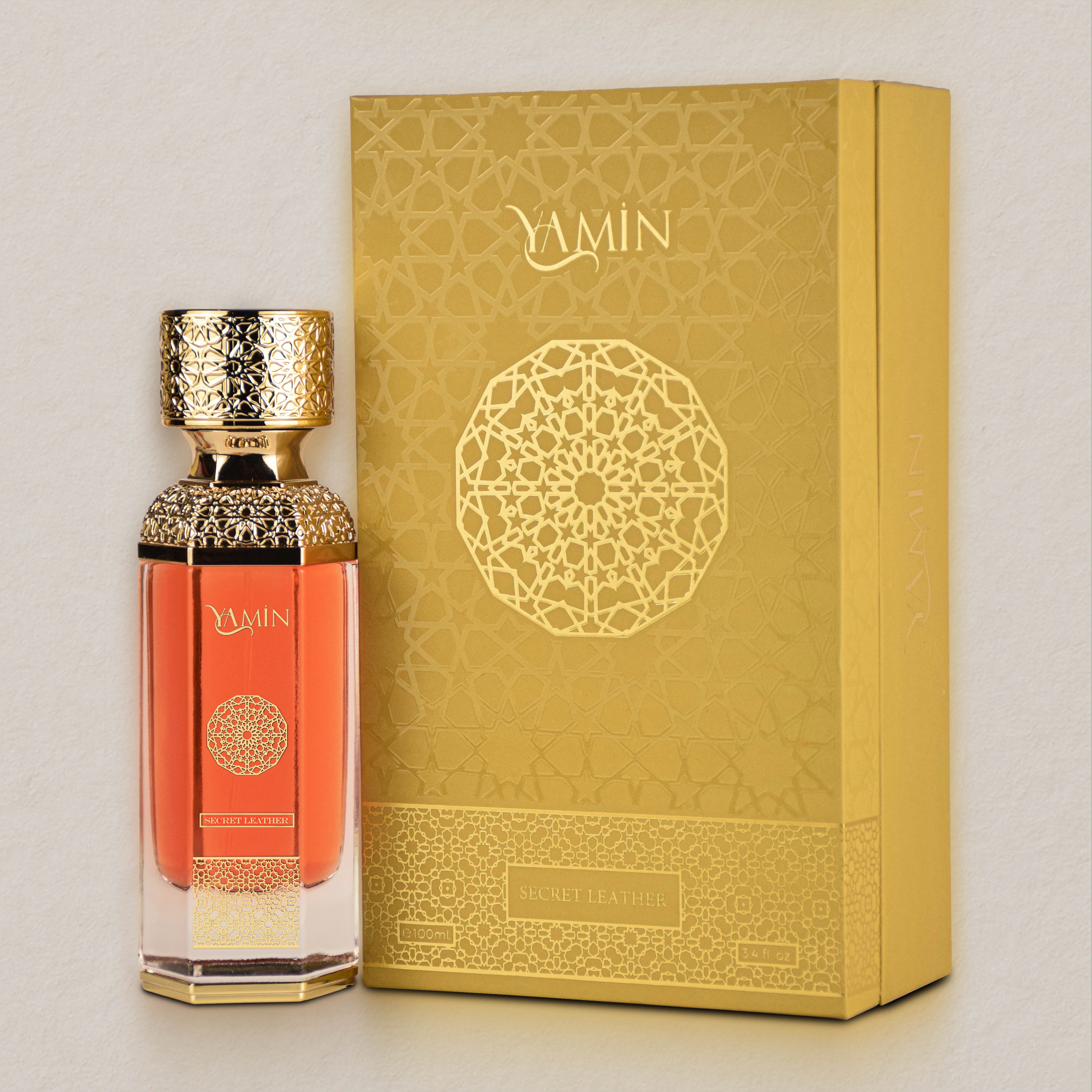YAMIN Secret Leather perfume bottle and packaging on a light background